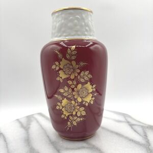 Gloria Bayreuth Bavaria Porcelain Vase, Maroon/White, 24K Gold Floral, c.1955–75